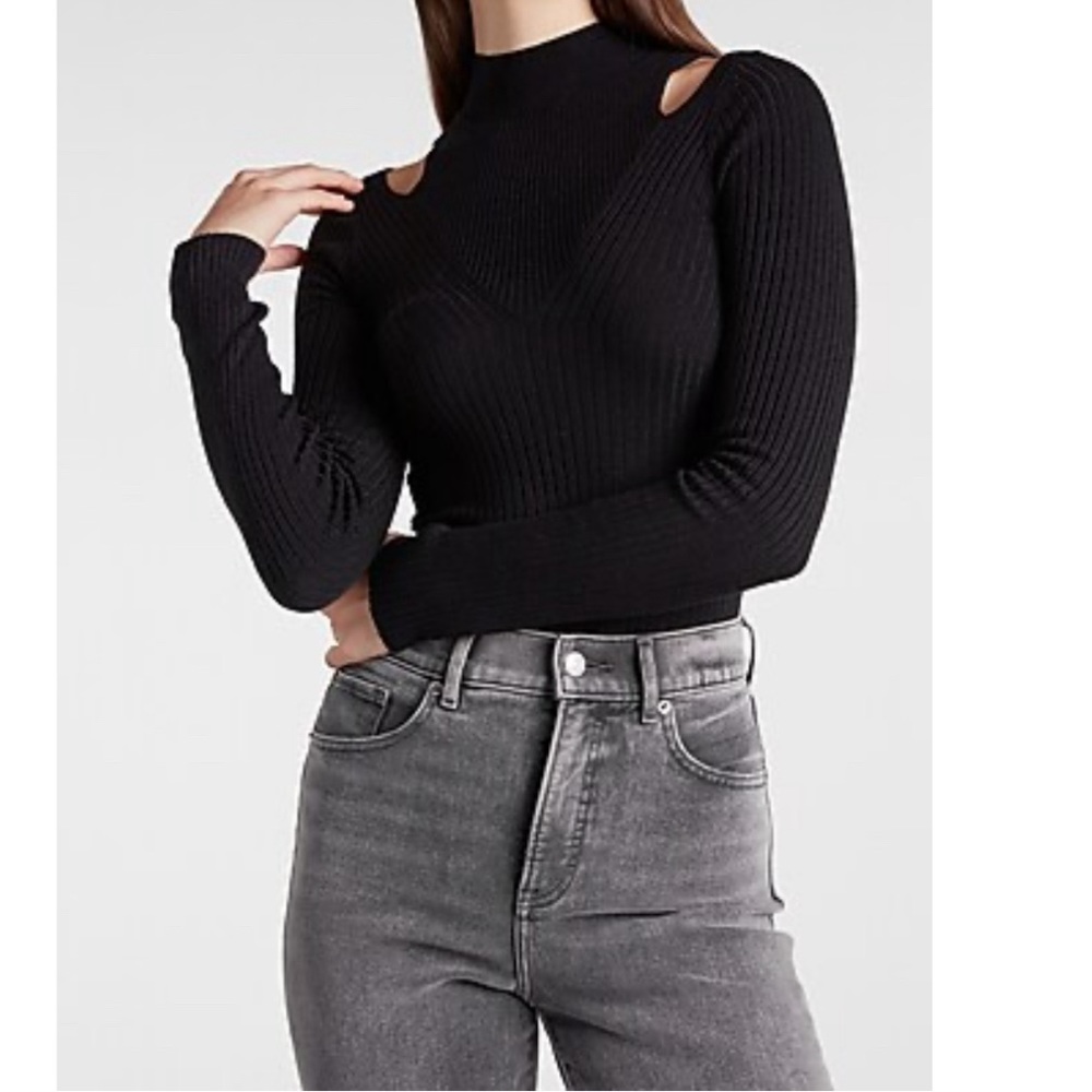 Express ribbed mock neck shoulder cutout sweater.